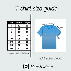 May include: T-shirt size guide with a chart showing width and length measurements in inches for sizes S through 5XL. A diagram of a t-shirt shows the measurements for length, width (chest), and sleeve.