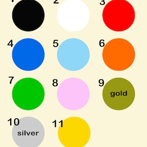 May include: Image displaying a color selection guide for prints. Eleven numbered circles showcase various colors: black, white, red, blue, light blue, orange, green, pink, gold, silver, and yellow. The text "Hare & Moon" is at the bottom.