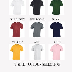 May include: A selection of t-shirt colors, including white, black, green, burgundy, charcoal, navy, yellow, ash, and pink. T-shirt Colour Selection.