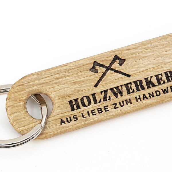 Anhänger HOLZWERKER – Holz-Geschenk mit Gravur – für Holzfäller, Tischler, Schreiner, Zimmerer Holz-Schlüsselanhänger in Geschenkbox