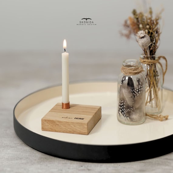 Kerzenständer herzlich Willkommen minimalistisch- Kerzenhalter Holz - mini Kerzenbrett Eiche mit Kupfer Hülse für Baumkerze - mit Gravur