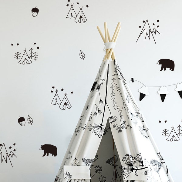 Teepee nursery wall stickers/Camping wall decal/ Bear and camping nursery decal/ acorn sticker /Nursery wall stickers/ Nursery wall Decal