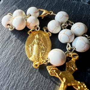 Cream and Gold Mini Rosary, Pocket Rosary, Rear Mirror Car Rosary