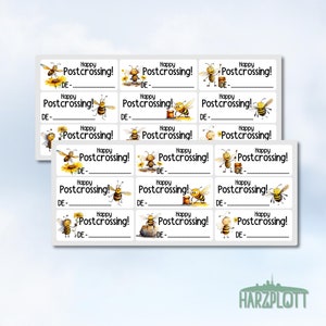 Happy Postcrossing Sticker süße verrückte Bienen Bienenkönigin schwarz gelb Frühling deutsche ID Stickerbogen Easy Peel Off Sticker Sheet
