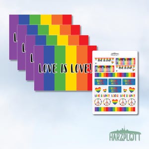 Lot de 4 autocollants pour cartes postales Postcrossing L'amour c'est l'amour ! Feuille d'autocollants A6 Postcrossing pour débutants LGBTQ+ Arc-en-ciel Envoi d'amour Queer Peace