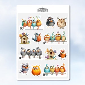 Postcrossing Sticker freche verrückte Vögel Ast Vogelhaus bunter Vogel Frühling DE US CA Stickerbogen  A6 Easy Peel Off Sticker Sheet