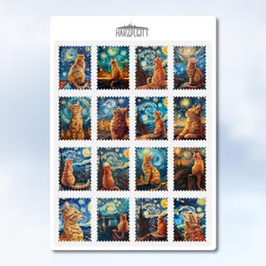 Sticker wie Briefmarken Katzen Van Gogh Gemälde Style Nachthimmel Fake Stamp Faux Stamps gezähnt Easy Peel Off Sticker Sheet A6