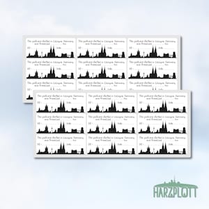 Könnte beinhalten: Blatt mit weißen Aufklebern mit einer schwarzen Silhouette der Skyline von Köln, Deutschland. Jeder Aufkleber enthält den Text "This postcard started in Cologne, Germany and travelled" und Platz für Details. Das Logo "HARZPLOTT" ist sichtbar.