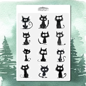 Sticker lustige schwarze Katzen Grumpy Cat Katzenfreund Liebhaber Bullet Journal Planner Filofax Stickerbogen A6 Easy Peel Off Sticker Sheet
