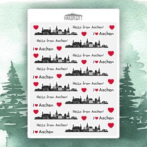 Stickerbogen Hello from Aachen I love Aachen Nordrhein Westfalen rote Herzen Silhouette Skyline schwarz weiß Easy Peel Off A6 Sticker Sheet