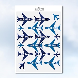 Postcrossing Priority Airmail Airmail Airplane Silhouette Sticker Sheet bleu clair bleu foncé bleu Easy Peel Off A6 Sticker Sheet