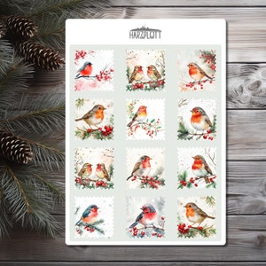 Weihnachtssticker Briefmarke Winter Rotkehlchen Tiere Frohe Weihnachten Weihnachtspost Faux Stamps gezähnt Easy Peel Off Sticker Sheet A6