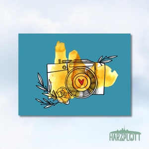 Postkarte Kamera Fotoapparat Herz Blüten blau türkis Happy Postcrossing Schreib mal wieder! Grußkarte Weihnachtspost