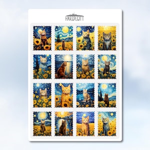 Sticker wie Briefmarken Katzen Van Gogh Style Sonnenblumen Nachthimmel Fake Stamp Faux Stamps gezähnt Easy Peel Off Sticker Sheet A6