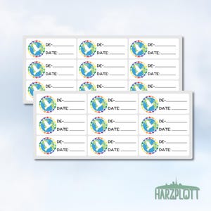May include: White rectangular stickers with a colorful globe design and the text "DE-" and "DATE:" printed on them. The globe is surrounded by a rainbow-colored wreath. The stickers are arranged in rows and columns.