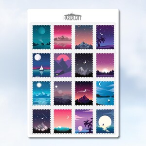 Autocollants comme des timbres Clair de lune étoiles nuit montagnes lac étoile filante Faux timbre Faux timbres dentelés Feuille d'autocollants faciles à décoller A6