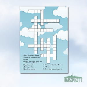 Postcrossing Postkarte mit Kreuzworträtsel – kreativer Rätselspaß auf himmelblauem Hintergrund mit weißen Wolken für Postkarten-Fans