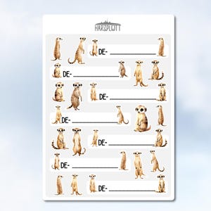 Könnte beinhalten: Ein weißes Stickerbogen mit Aquarellillustrationen von Erdmännchen in verschiedenen Posen. Jede Erdmännchen-Illustration ist mit einer leeren Zeile und den Buchstaben "DE-" darüber versehen. Das Wort "Harzplott" ist oben aufgedruckt.
