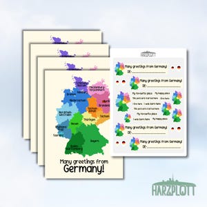 Postcrossing Set 4 Postkarten Sticker Many greetings from Germany Deutschlandkarte Orte Pin Happy Postcrossing für Anfänger A6 Stickerbogen