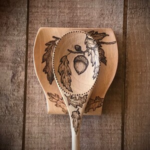 Large wooden spoon and spoon rest set.  Wood burned.  One of a kind.