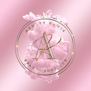 Może przedstawiać: Złote logo z tekstem "Ashley Kanis Beauty Boutique" w k&oacute;łku z r&oacute;żowym wzorem przypominającym chmurę w środku.