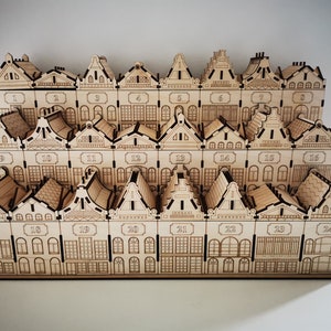 Build Your Own Advent Calendar - Tiered Houses with Mansard Style Roof Shaped Lids - 24 chambers - Made from Birch Wood and MDF