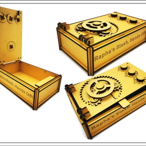 May include: A wooden box with a secret compartment and a gear-shaped lock. The box is painted yellow and has the text "Rapha's Stash, Hands Off!" on the front.