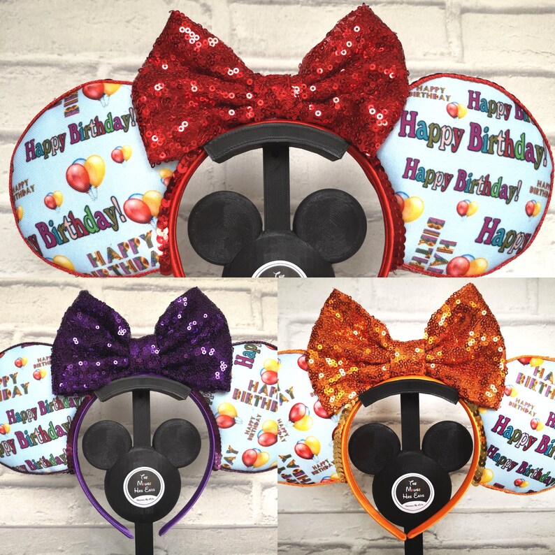 Rare Fabric Happy Birthday Mickey Mouse Disney Ears with choice of Bow Colour