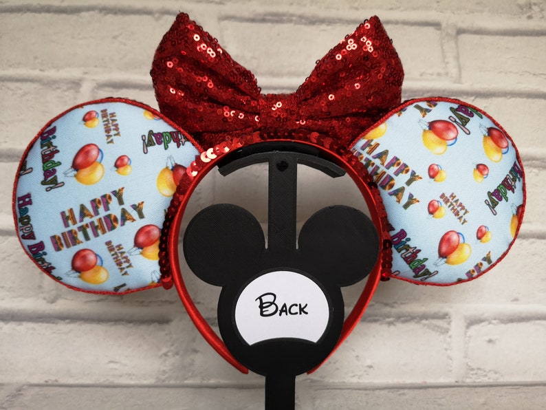 Rare Fabric Happy Birthday Mickey Mouse Disney Ears with choice of Bow Colour
