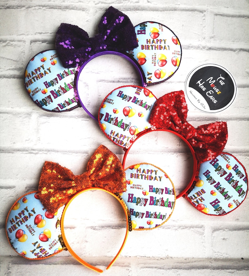 Rare Fabric Happy Birthday Mickey Mouse Disney Ears with choice of Bow Colour