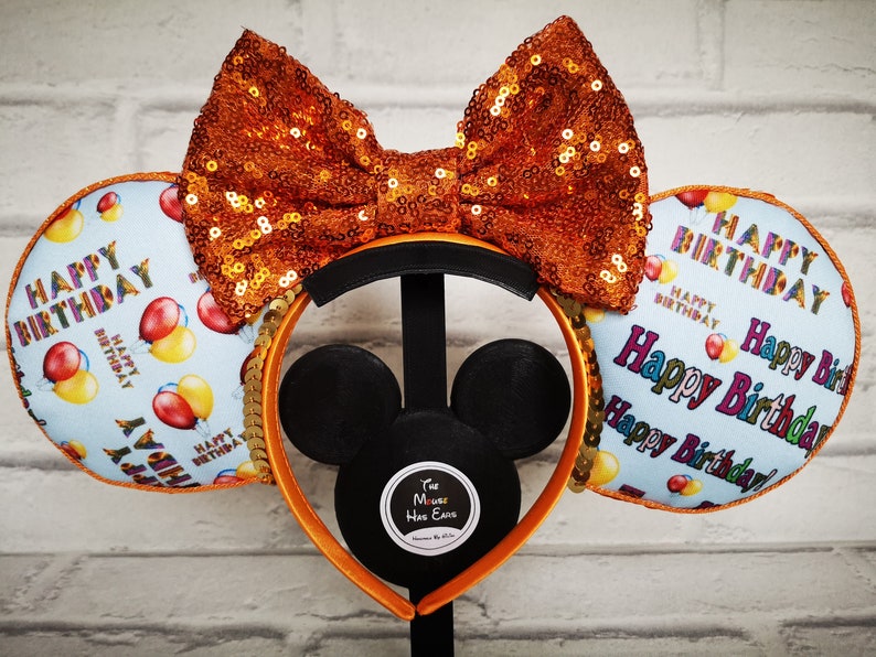 Rare Fabric Happy Birthday Mickey Mouse Disney Ears with choice of Bow Colour