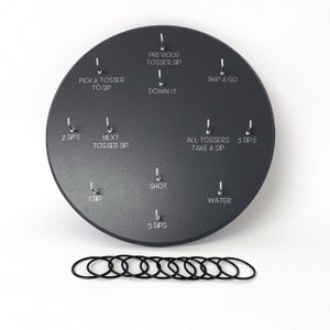 May include: A black circular game board with 10 metal hooks and corresponding text labels. The labels include "Pick a Tosser to Sip", "Previous Tosser Sip", "Down It", "Skip a Go", "2 Sips", "Next Tosser Sip", "All Tossers Take a Sip", "3 Sips", "1 Sip", "Shot", "Water", and "5 Sips".  There are 10 black rubber rings below the board.