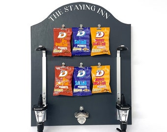Custom Home Bar Display: Wall Mounted Optics, Bottle Opener & Snack Clips