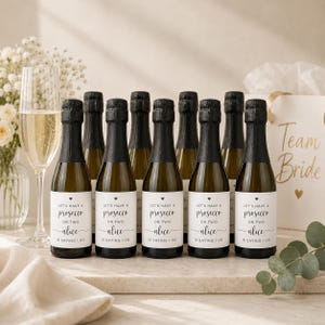 May include: A collection of small glass bottles filled with prosecco, each featuring a white label with a black heart icon and the text: Let's have a prosecco or two Alice is saying I do. The bottles have black foil-wrapped necks and corks.