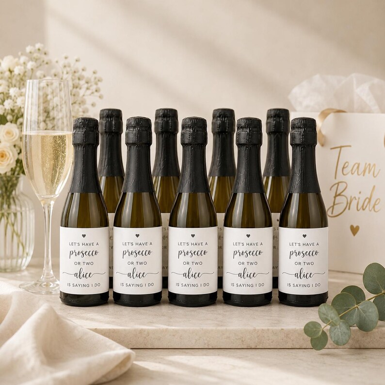 May include: A collection of small glass bottles filled with prosecco, each featuring a white label with a black heart icon and the text: Let's have a prosecco or two Alice is saying I do. The bottles have black foil-wrapped necks and corks.
