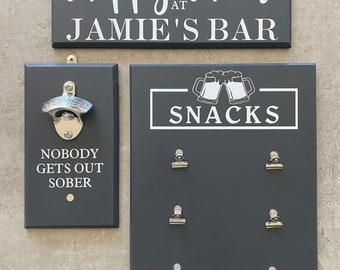 Personalized Home Bar Decor Set: Snack Sign, Bottle Opener, Happy Hour Sign