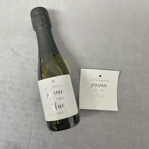 May include: A small glass bottle with a black foil neck wrap and a white label featuring the text "LETS HAVE A PROSECCO OR TWO ALICE IS SAYING I DO" with a small heart icon. Beside the bottle is a matching square white sticker with the same text.