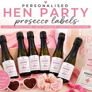 May include: Six miniature glass bottles of prosecco with white self-adhesive labels featuring the text "Let's have a prosecco or two Alice is saying I do". Includes pink heart-shaped sunglasses, a pink scrunchie, and a "Team Bride" recovery kit.