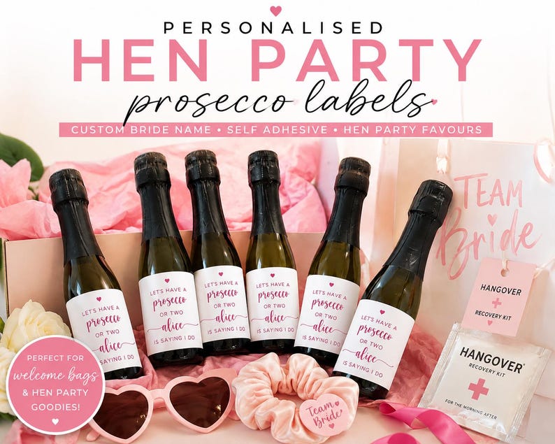 May include: Six miniature glass bottles of prosecco with white self-adhesive labels featuring the text "Let's have a prosecco or two Alice is saying I do". Includes pink heart-shaped sunglasses, a pink scrunchie, and a "Team Bride" recovery kit.