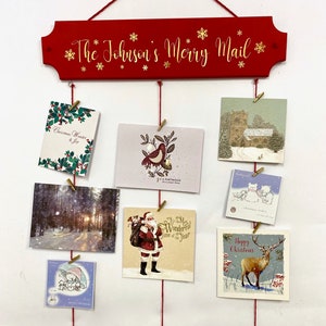 Porte-cartes de Noël personnalisé | Enseigne suspendue Merry Mail | Présentoir pour cartes de Noël | décoration de Noël personnalisée