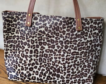 Leopard Hair-On Hide Tote | Toffee Saffiano Leather Handbag | Handmade Shoulder Bag  | The Middleton Tote Collection