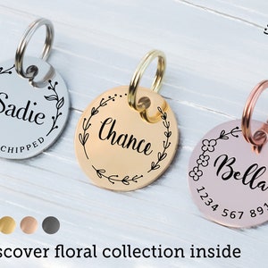 Engraved dog tag Dog ID tag Pet tag Personalized dog name tag Custom pet ID tag Cat ID tag Cat name tag Gift for puppy kitten Floral