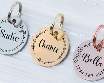 Engraved dog tag Dog ID tag Pet tag Personalized dog name tag Custom pet ID tag Cat ID tag Cat name tag Gift for puppy kitten Floral