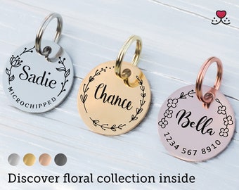 Engraved dog tag Dog ID tag Pet tag Personalized dog name tag Custom pet ID tag Cat ID tag Cat name tag Gift for puppy kitten Floral