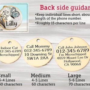 May include: A set of three round, wooden pet ID tags with different sizes: small, medium, and large. The tags are engraved with text, including phone numbers, addresses, and the phrase "I'm Microchipped". The tags are shown on a wooden surface.