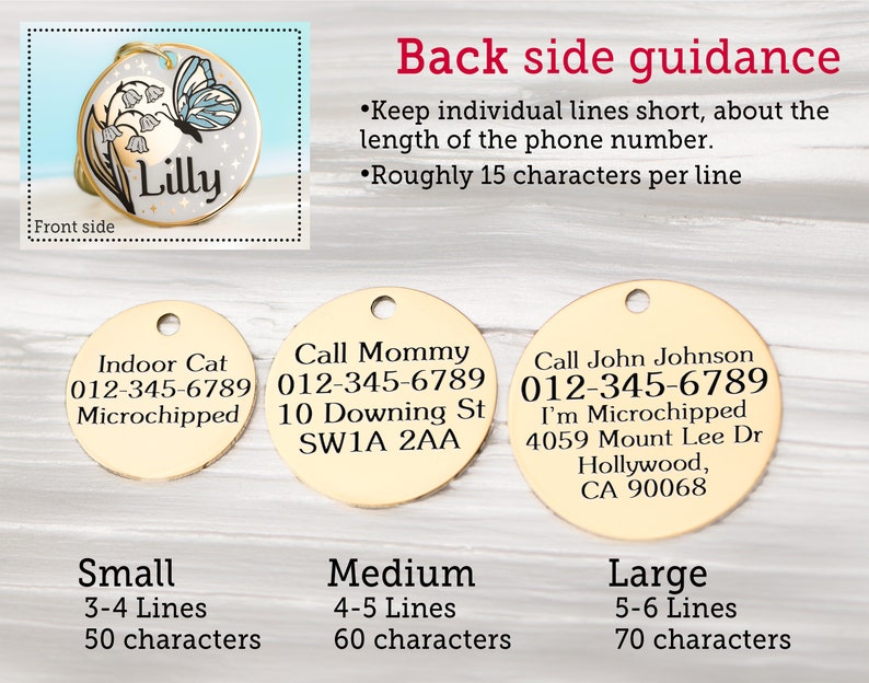 May include: A set of three round, wooden pet ID tags with different sizes: small, medium, and large. The tags are engraved with text, including phone numbers, addresses, and the phrase "I'm Microchipped". The tags are shown on a wooden surface.