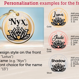 Puede incluir: Tres ejemplos de etiquetas para mascotas personalizadas con un dise&ntilde;o de flor de loto. La primera etiqueta es dorada con el nombre "Luna" y el texto "Lotus, Luna, 21". La segunda etiqueta es de oro rosa con el nombre "Jade" y el texto "Lotus, Jade, 24". La tercera etiqueta es plateada con el nombre "Shadow" y el texto "Lotus, Shadow, 14".