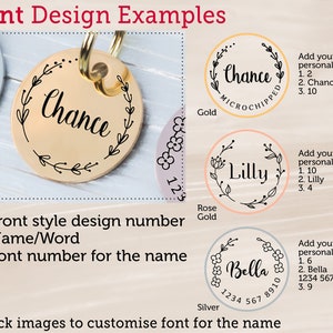 May include: Examples of personalized pet tags with different designs. One tag is gold with the name "Chance" and a leaf border. Other tags include the names "Lilly" and "Bella" with floral borders. The text "Front Design Examples" is at the top.