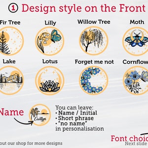 Puede incluir: Una plantilla de dise&ntilde;o gr&aacute;fico para una pegatina redonda personalizada con una variedad de dise&ntilde;os con tem&aacute;tica de la naturaleza. Los dise&ntilde;os incluyen un abeto, un lirio, un sauce llor&oacute;n, una polilla, un lago, un loto, nomeolvides y una aciano. El texto "Design style on the Front" y "Name" est&aacute; incluido en la imagen. El texto "You can leave: Name / Initial, Short phrase, "no name" in personalization" tambi&eacute;n est&aacute; incluido en la imagen.