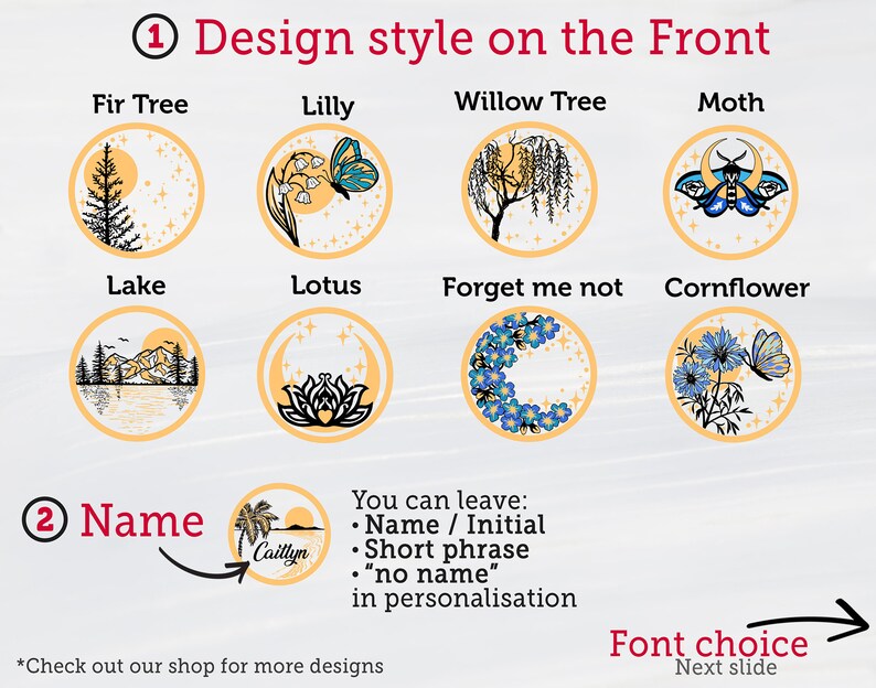 Puede incluir: Una plantilla de dise&ntilde;o gr&aacute;fico para una pegatina redonda personalizada con una variedad de dise&ntilde;os con tem&aacute;tica de la naturaleza. Los dise&ntilde;os incluyen un abeto, un lirio, un sauce llor&oacute;n, una polilla, un lago, un loto, nomeolvides y una aciano. El texto "Design style on the Front" y "Name" est&aacute; incluido en la imagen. El texto "You can leave: Name / Initial, Short phrase, "no name" in personalization" tambi&eacute;n est&aacute; incluido en la imagen.